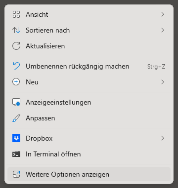 Kontextmenü mit dem Befehl Weitere Optionen anzeigen