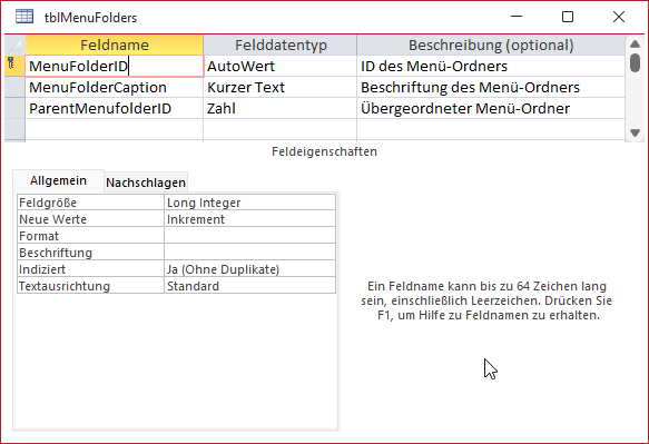 Tabelle zum Speichern der Menü-Ordner