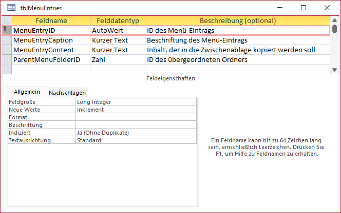 Tabelle zum Speichern der Menü-Einträge