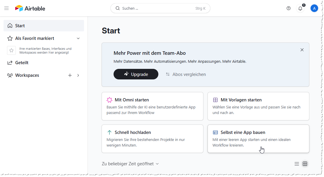Der Startbildschirm eines jungfräulichen Airtable-Benutzerkontos