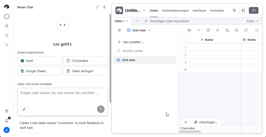 Übersicht für die neue Datenbank