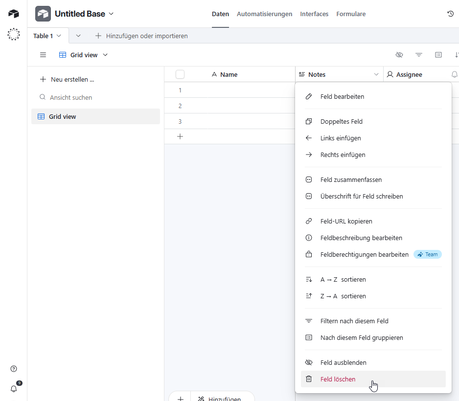 Löschen eines Feldes