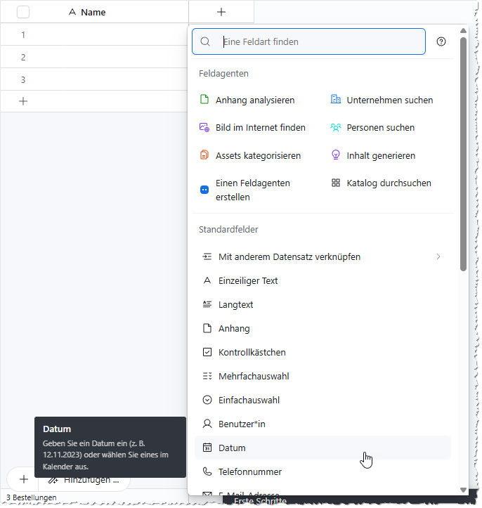 Anlegen eines Feldes