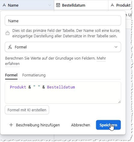 Hinzufügen einer Formel für das Feld Name