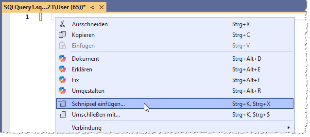 Schnipsel einfügen per Kontextmenü im Abfragefenster